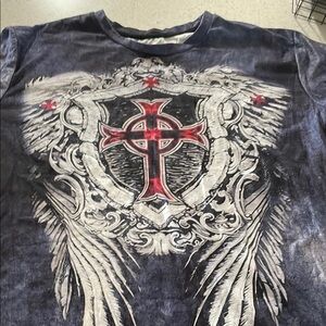 Graphic Tee with Cross and Wings Design